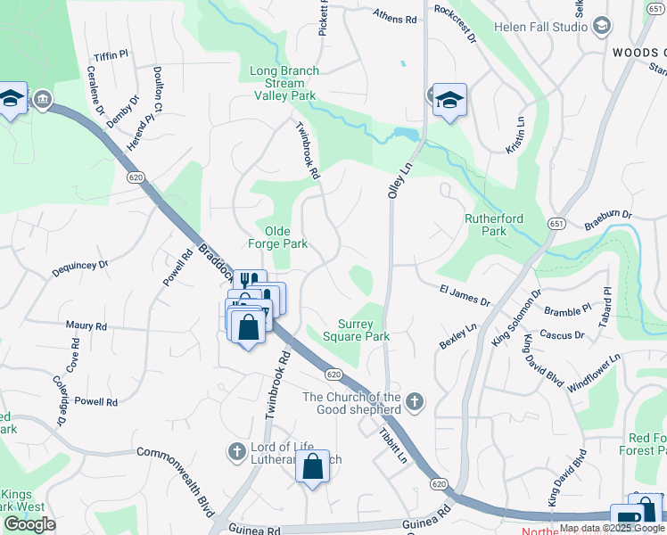 map of restaurants, bars, coffee shops, grocery stores, and more near 4701 Tara Drive in Fairfax
