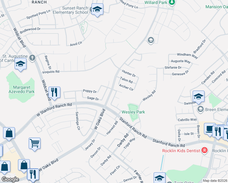 map of restaurants, bars, coffee shops, grocery stores, and more near 5500 New Vista Drive in Rocklin