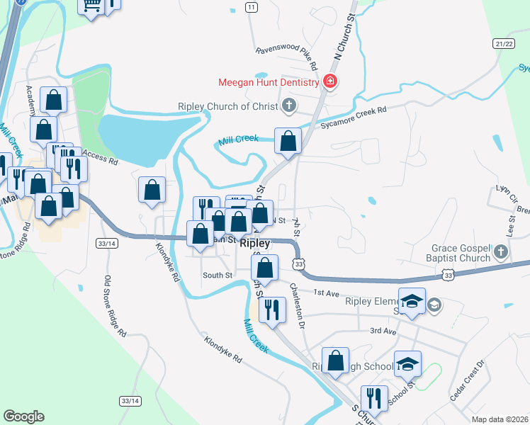 map of restaurants, bars, coffee shops, grocery stores, and more near 299 North Church Street in Ripley