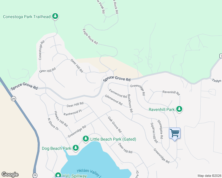 map of restaurants, bars, coffee shops, grocery stores, and more near 18753 Fernwood Road in Hidden Valley Lake