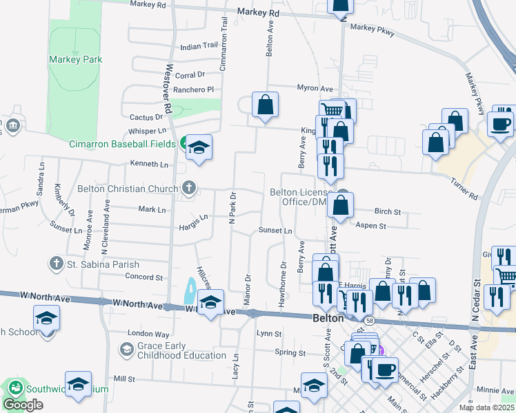 map of restaurants, bars, coffee shops, grocery stores, and more near 300 Hargis Lane in Belton