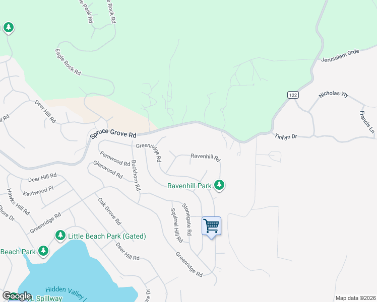 map of restaurants, bars, coffee shops, grocery stores, and more near 19070 Ravenhill Road in Hidden Valley Lake