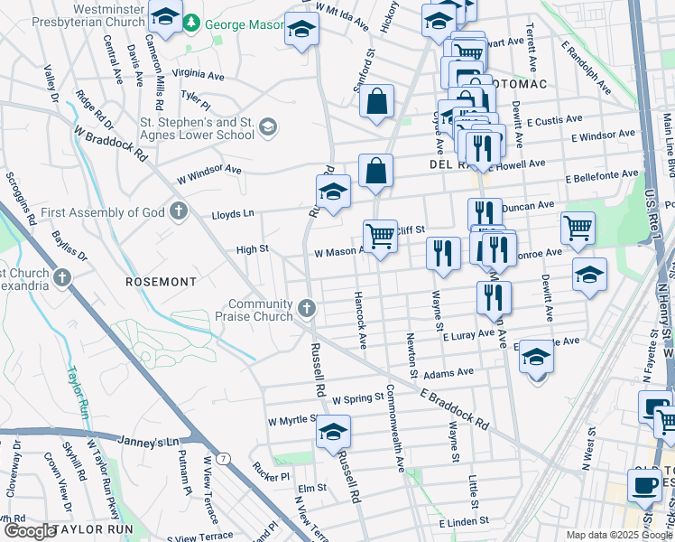 map of restaurants, bars, coffee shops, grocery stores, and more near 109 W Monroe Ave in Alexandria
