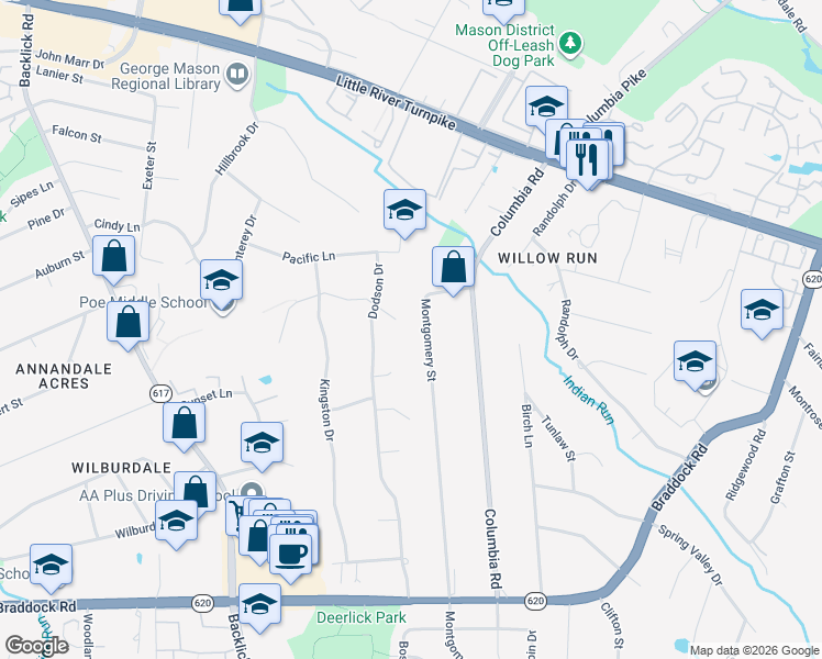 map of restaurants, bars, coffee shops, grocery stores, and more near 4724 Montgomery Street in Annandale