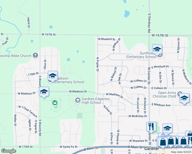 map of restaurants, bars, coffee shops, grocery stores, and more near 618 North Poplar Street in Gardner