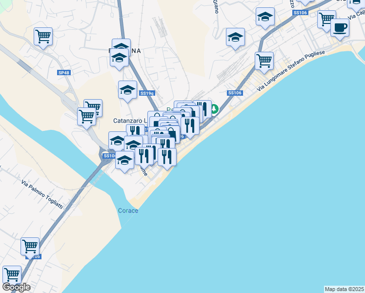map of restaurants, bars, coffee shops, grocery stores, and more near 4 Via Tommaso Gullì in Catanzaro