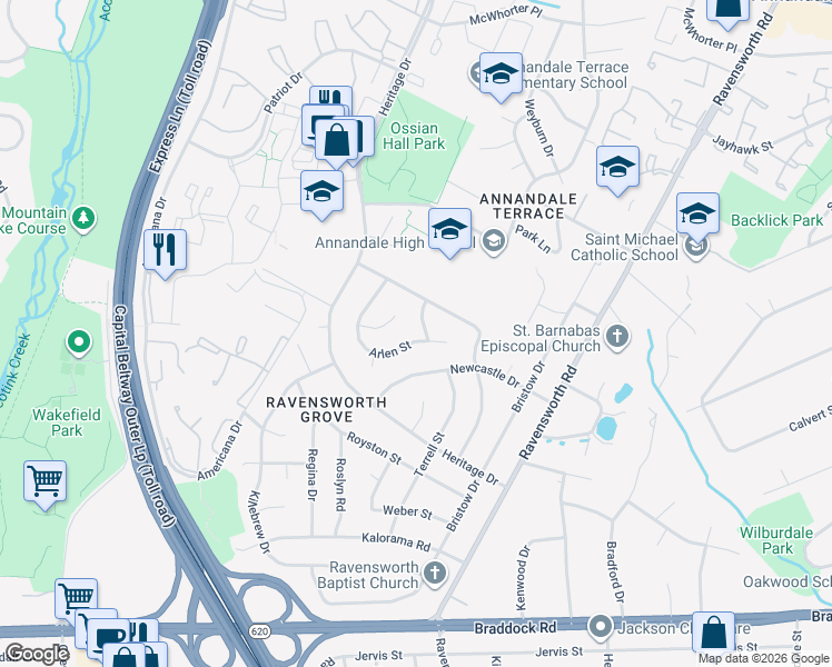 map of restaurants, bars, coffee shops, grocery stores, and more near 7700 Arlen Street in Annandale