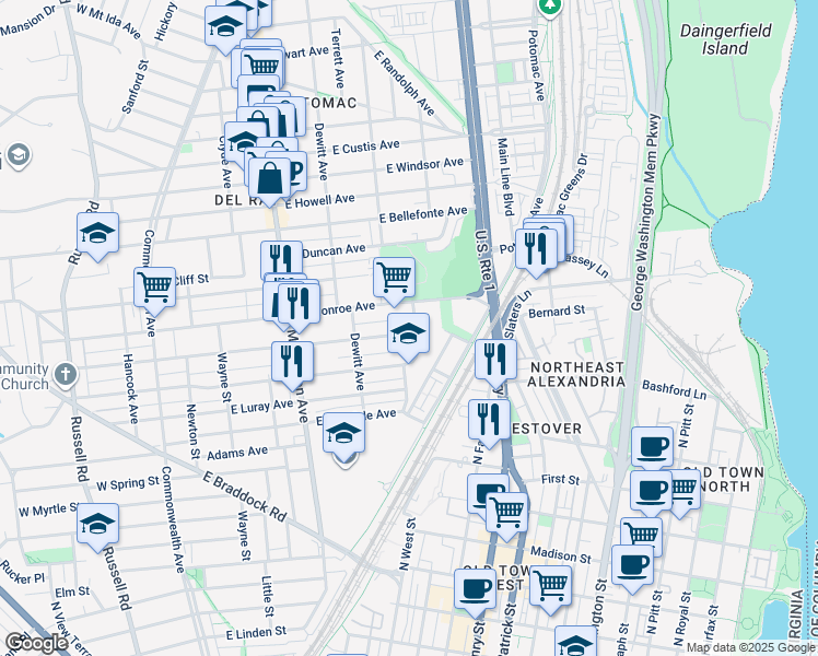 map of restaurants, bars, coffee shops, grocery stores, and more near 570 East Nelson Avenue in Alexandria