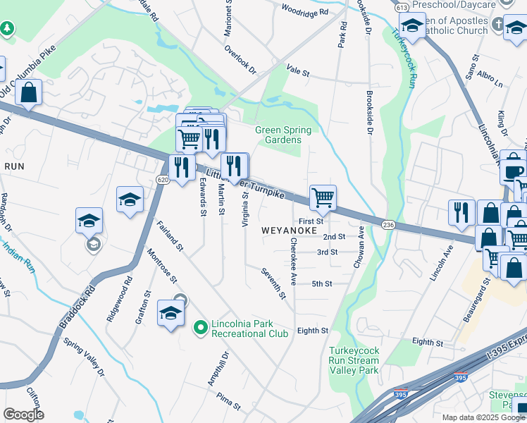 map of restaurants, bars, coffee shops, grocery stores, and more near 4747 Valley Street in Alexandria