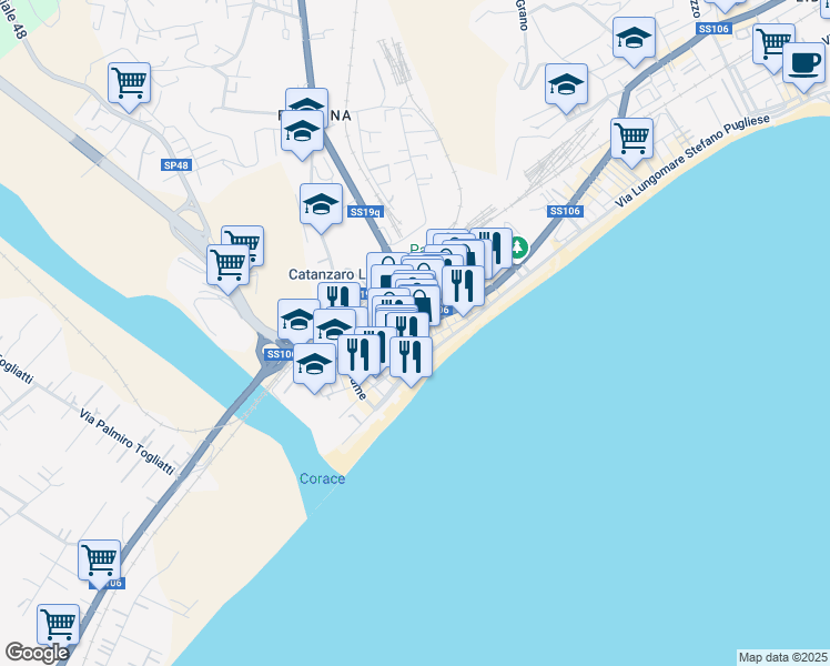 map of restaurants, bars, coffee shops, grocery stores, and more near 4 Via Tommaso Gullì in Catanzaro