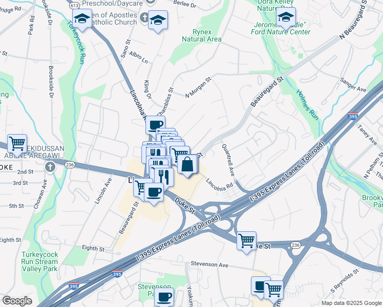 map of restaurants, bars, coffee shops, grocery stores, and more near 4725 Gloucester Road in Alexandria