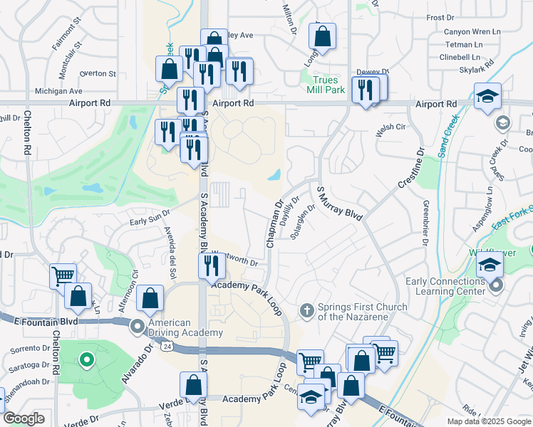 map of restaurants, bars, coffee shops, grocery stores, and more near 720 Chapman Drive in Colorado Springs
