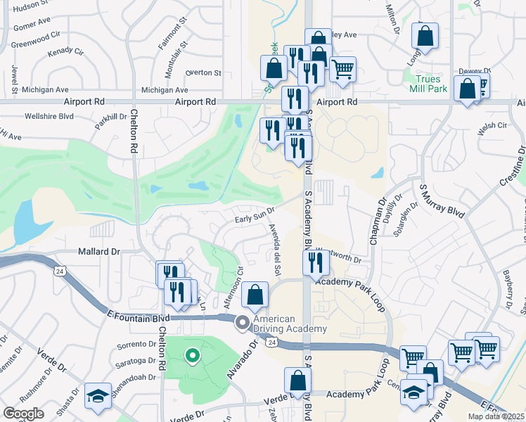 map of restaurants, bars, coffee shops, grocery stores, and more near 3700 Early Sun Drive in Colorado Springs