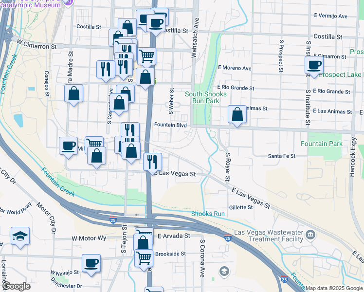 map of restaurants, bars, coffee shops, grocery stores, and more near 335 Writers Way in Colorado Springs