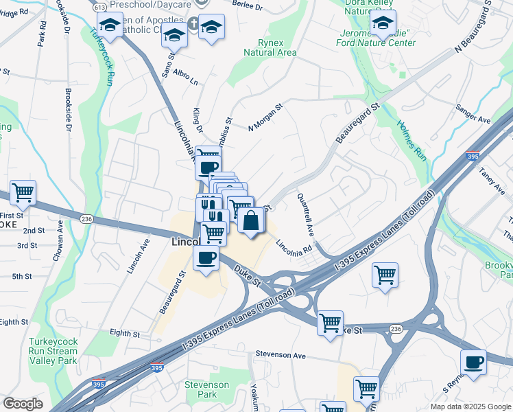 map of restaurants, bars, coffee shops, grocery stores, and more near 4725 Gloucester Road in Alexandria
