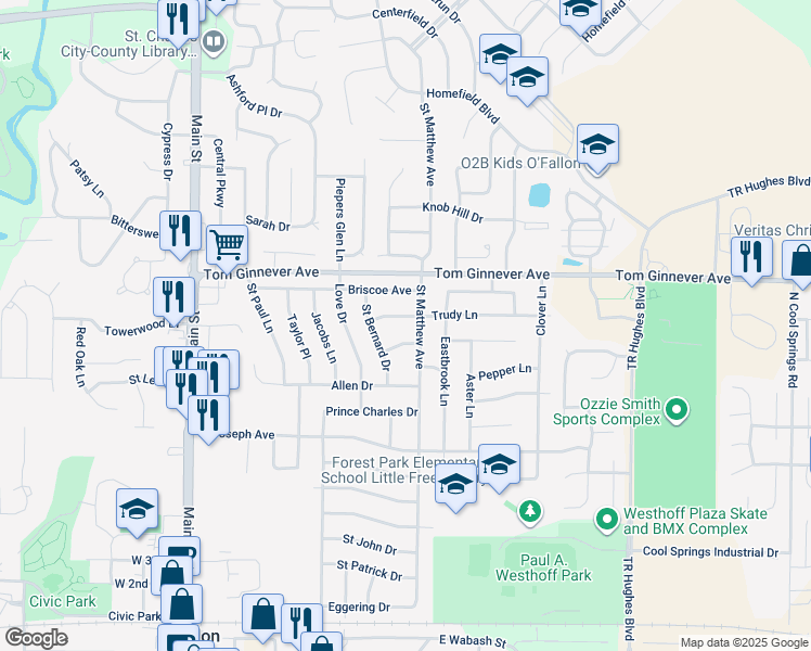 map of restaurants, bars, coffee shops, grocery stores, and more near 507 Mona Drive in O'Fallon
