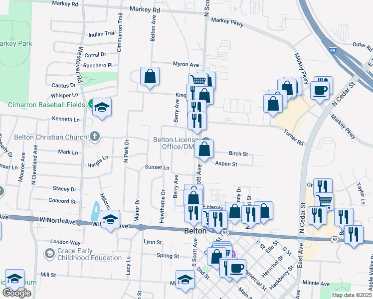 map of restaurants, bars, coffee shops, grocery stores, and more near 306 Hawthorne Court in Belton