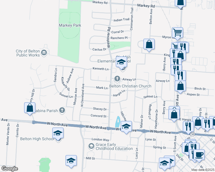 map of restaurants, bars, coffee shops, grocery stores, and more near 502 Mark Lane in Belton