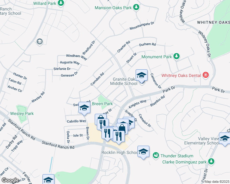 map of restaurants, bars, coffee shops, grocery stores, and more near 5218 Del Vista Way in Rocklin