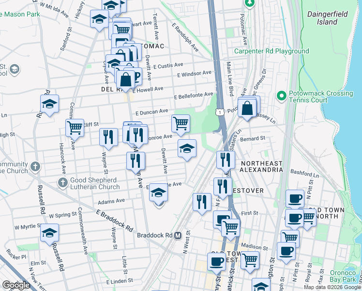 map of restaurants, bars, coffee shops, grocery stores, and more near 550 East Nelson Avenue in Alexandria
