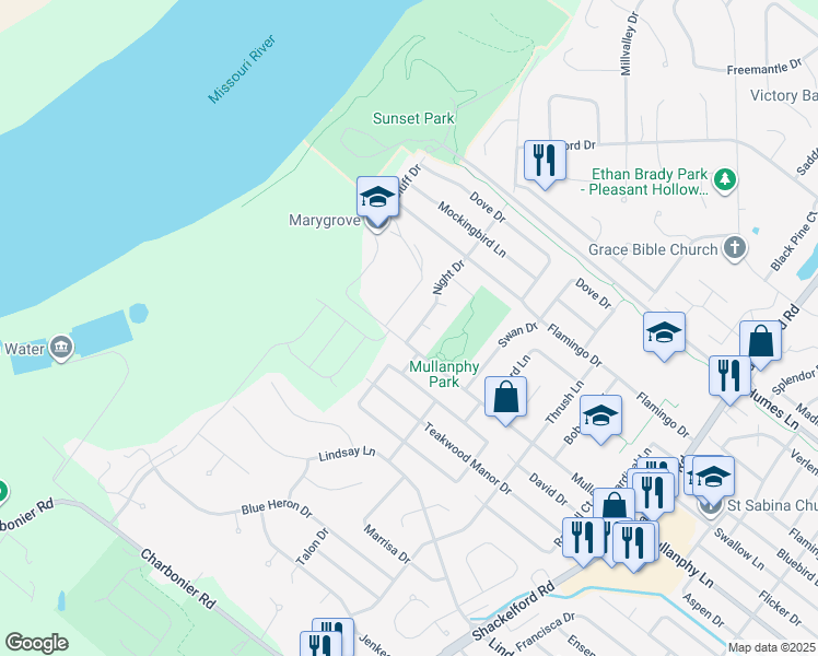 map of restaurants, bars, coffee shops, grocery stores, and more near 1220 Night Drive in Florissant
