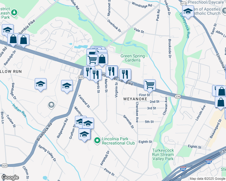 map of restaurants, bars, coffee shops, grocery stores, and more near 4798 Virginia Street in Alexandria