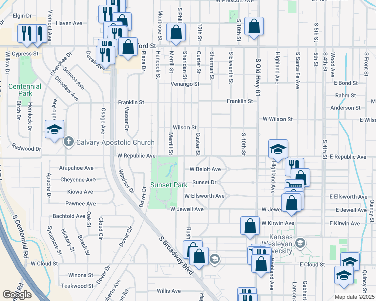 map of restaurants, bars, coffee shops, grocery stores, and more near 947 Sheridan Street in Salina