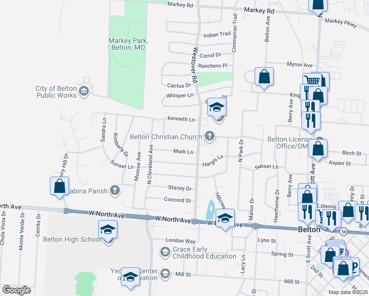 map of restaurants, bars, coffee shops, grocery stores, and more near 502 Mark Lane in Belton