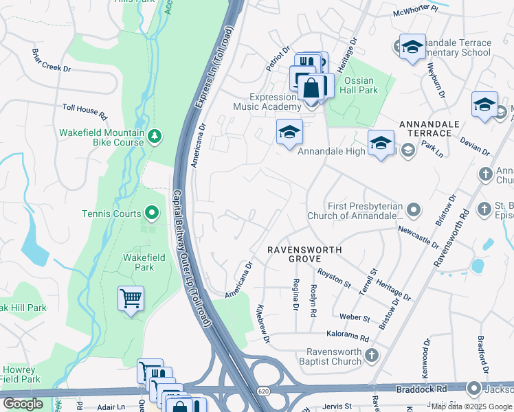 map of restaurants, bars, coffee shops, grocery stores, and more near 4957 Americana Drive in Annandale