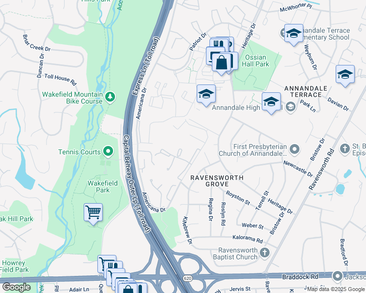 map of restaurants, bars, coffee shops, grocery stores, and more near 4957 Americana Drive in Annandale