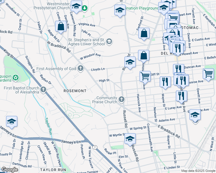 map of restaurants, bars, coffee shops, grocery stores, and more near 1608 Orchard Street in Alexandria