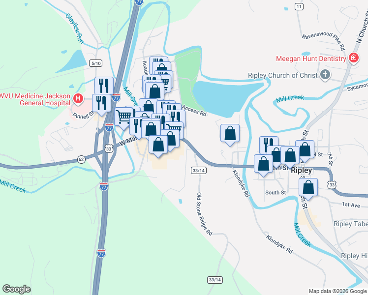 map of restaurants, bars, coffee shops, grocery stores, and more near 708 Old Stone Ridge Road in Ripley