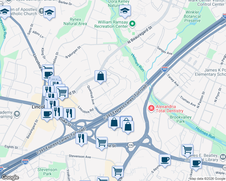 map of restaurants, bars, coffee shops, grocery stores, and more near 441 North Armistead Street in Alexandria