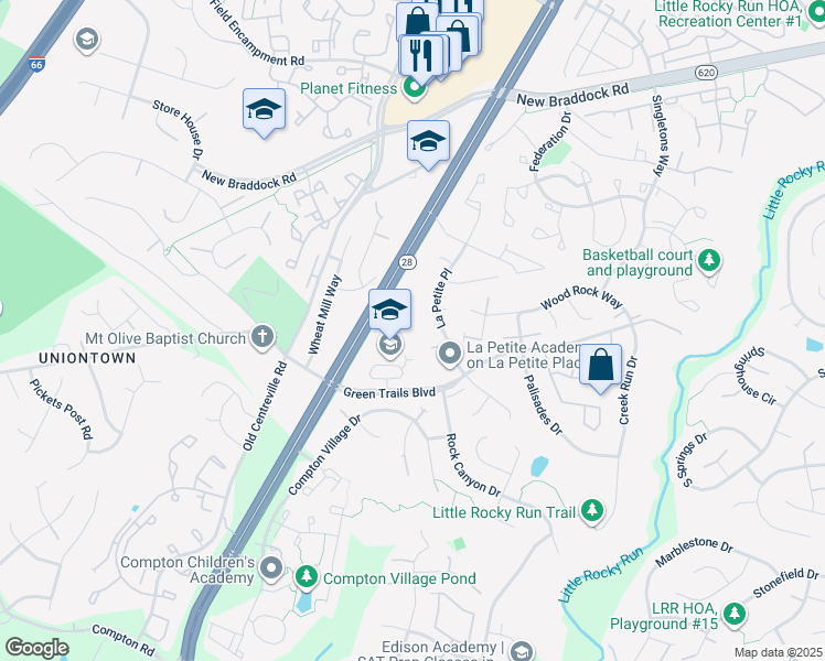 map of restaurants, bars, coffee shops, grocery stores, and more near 14330 Green Trails Boulevard in Centreville