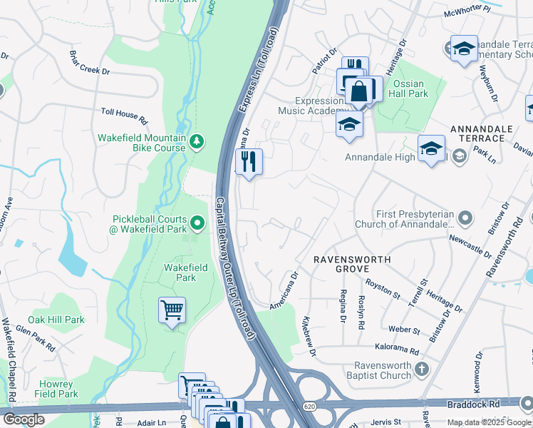 map of restaurants, bars, coffee shops, grocery stores, and more near 4935 Americana Drive in Annandale