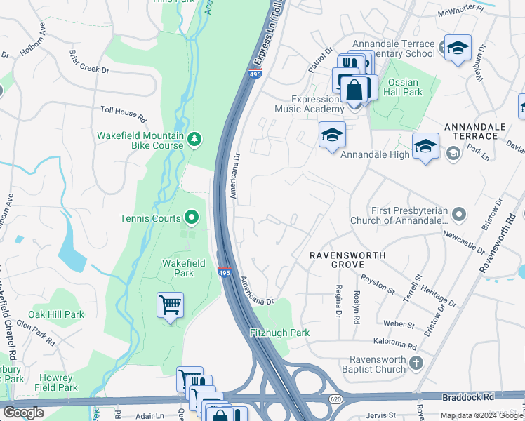 map of restaurants, bars, coffee shops, grocery stores, and more near 4931 Americana Drive in Annandale
