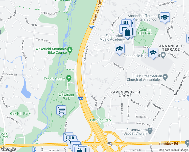 map of restaurants, bars, coffee shops, grocery stores, and more near 4931 Americana Drive in Annandale