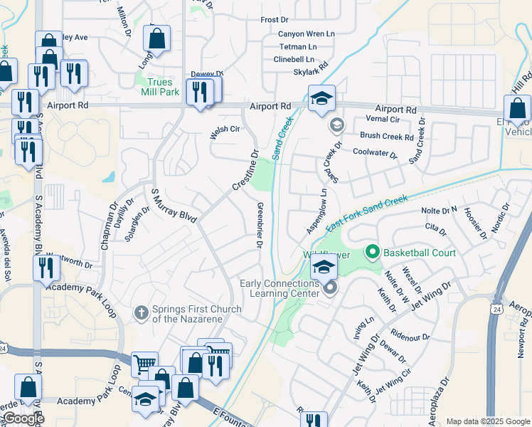 map of restaurants, bars, coffee shops, grocery stores, and more near 955 Greenbrier Drive in Colorado Springs
