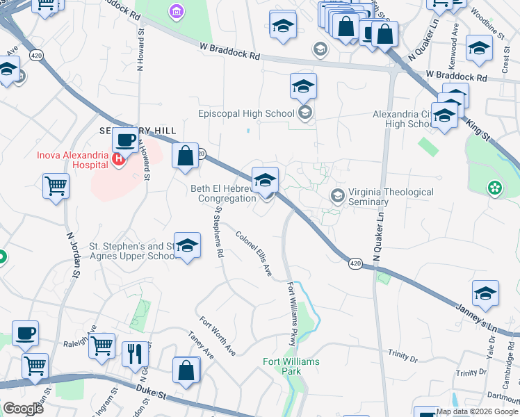 map of restaurants, bars, coffee shops, grocery stores, and more near 3830 Seminary Road in Alexandria