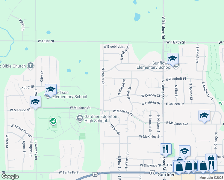 map of restaurants, bars, coffee shops, grocery stores, and more near 640 North Pine Court in Gardner