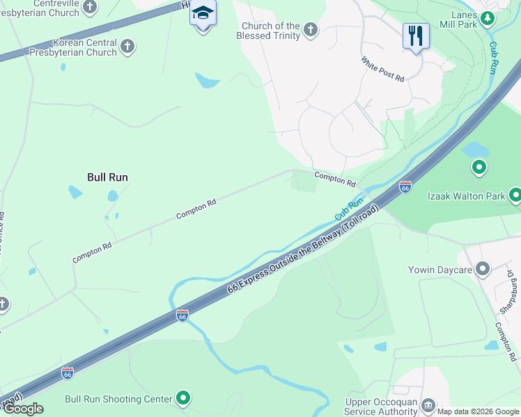 map of restaurants, bars, coffee shops, grocery stores, and more near 15119 Compton Road in Centreville