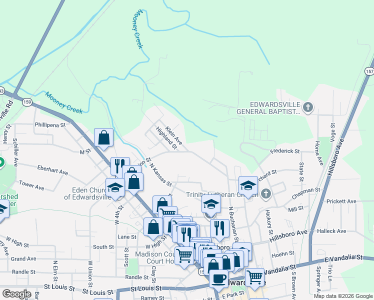 map of restaurants, bars, coffee shops, grocery stores, and more near 322 East Union Street in Edwardsville