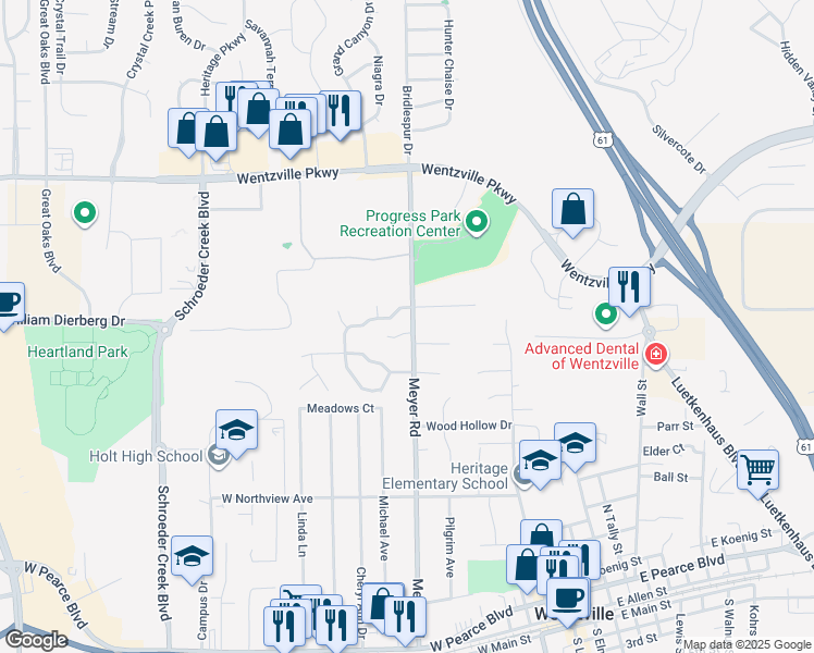 map of restaurants, bars, coffee shops, grocery stores, and more near 2 Villa Meadows Lane in Wentzville