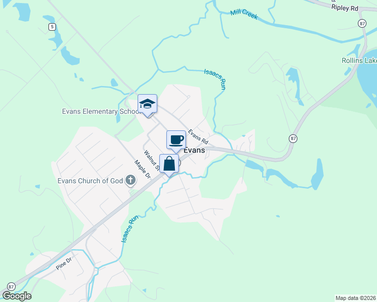 map of restaurants, bars, coffee shops, grocery stores, and more near in Evans