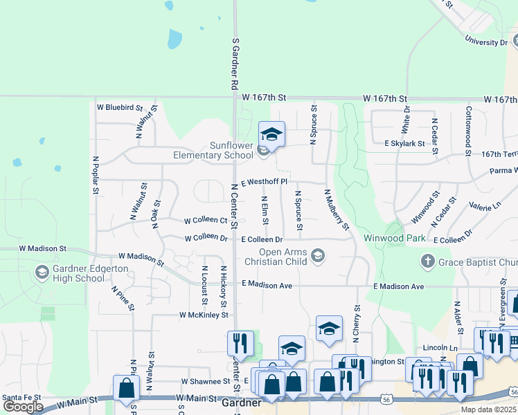 map of restaurants, bars, coffee shops, grocery stores, and more near 538 North Elm Street in Gardner