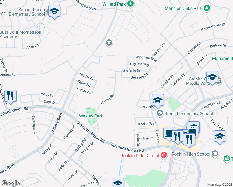 map of restaurants, bars, coffee shops, grocery stores, and more near 5333 Wesley Road in Rocklin