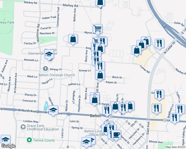 map of restaurants, bars, coffee shops, grocery stores, and more near 306 Hawthorne Court in Belton