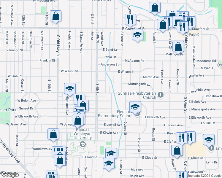 map of restaurants, bars, coffee shops, grocery stores, and more near 415 East Republic Avenue in Salina