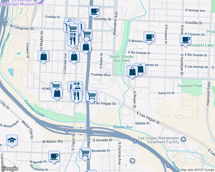 map of restaurants, bars, coffee shops, grocery stores, and more near 335 Writers Way in Colorado Springs
