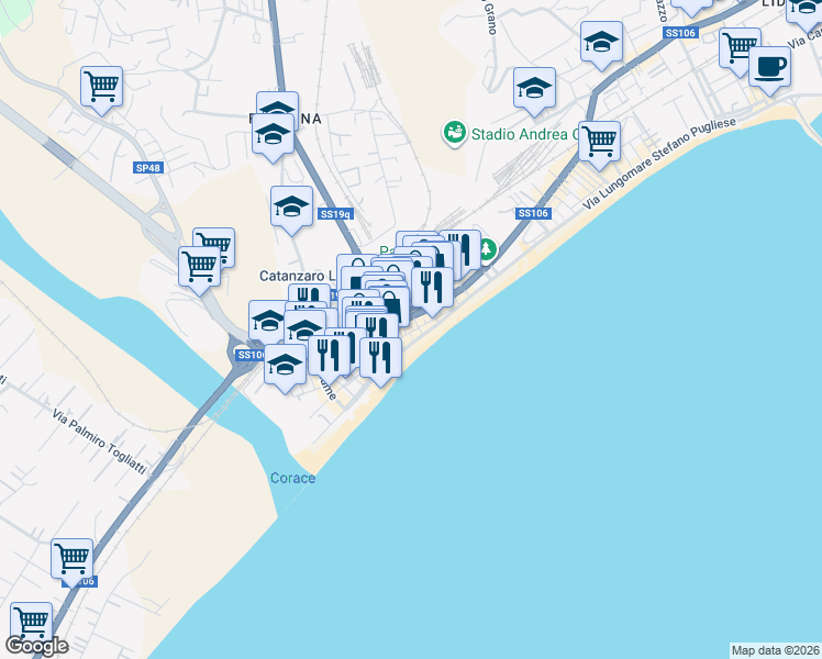 map of restaurants, bars, coffee shops, grocery stores, and more near 5 Via Nicea in Catanzaro